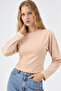 Beige Crew Neck Long Sleeve Crop Blouse - 4