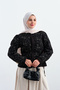 Women's Tulle Floral Embroidered Waist Tie Jacket Black - 2