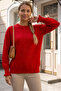 Red Round Neck Ruffled Sleeve Ribbed Hem Tulle Stripe Knitwear Sweater 67 60