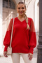 Red V-Neck Balloon Sleeve Thin Sequined Sleeve Tulle Windowed Casual Knitwear Sweater 66 60
