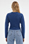 Blue Crew Neck Long Sleeve Crop Blouse - 3