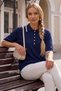 Navy Blue Polo Neck Short Sleeve Buttoned Thin Sequined Casual Long Back Knitwear Sweater 60 58 - 3