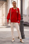 Red V-Neck Balloon Sleeve Thin Sequined Sleeve Tulle Windowed Casual Knitwear Sweater 66 60 - 6
