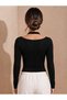 Women's Black Halter Neck Detailed Cut Out Windowed Halter Neck Long Sleeve Body-Hugging Lycra Blouse - 6