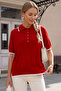 Red Polo Collar Short Sleeve Buttoned Thin Sequined Casual Long Back Knitwear Sweater 60 58 - 5