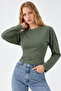 Khaki Crew Neck Long Sleeve Crop Blouse - 4
