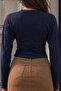 Navy Blue Slim Fit Long Sleeve Crop Blouse - 6