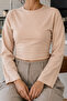 Beige Crew Neck Basic Women's Top - 6