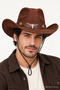 Unisex Suede Look Cowboy Hat with Metal Bull Figure, Wide Brim, Drawstring Western Hat - 3