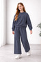 Girl's Smoked Crew Neck Wide Leg Sweatpants Set with Stitching Detail