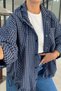Slogan Embroidered Oversize Hooded Navy Blue Plaid Jacket - 2