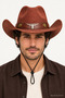 Unisex Suede Look Cowboy Hat with Metal Bull Figure, Wide Brim, Drawstring Western Hat - 4