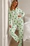 Women's Patterned Buttoned Long Sleeve Green Pajama Set