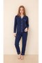 Navy Blue Patterned Woven Long Sleeve Front Buttoned Women's Pajama Set - 3
