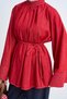 Women's Slim Denim Blouse with Sewing Detail and Waist Tie Red - 6