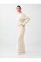 Ecru Knitted Patterned Wide-Leg Long Knitwear Trousers - 3