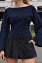 Boat Neck Wide Sleeve Navy Blue Women's Blouse - 5