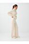 Ecru Knitted Patterned Wide-Leg Long Knitwear Trousers