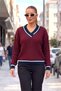 Burgundy Navy Blue V-Neck Knit Sweater