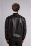 Y5367Azbk27 Black Waterproof Slim Fit College Collar Ribbed Zippered Faux Leather Bomber Coat - 6