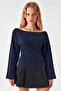 Asymmetric Collar Casual Navy Blue Knitted Blouse - 2