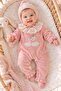 Baby girl 2-piece velvet romper set with hat, swan embroidery, lace collar, and snap closures - 0-3-6 months - 2