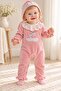 Baby girl 2-piece velvet romper set with hat, swan embroidery, lace collar, and snap closures - 0-3-6 months - 5