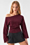 Asymmetric Collar Casual Burgundy Knitted Blouse - 3