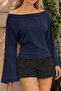 Women's Off-Shoulder Wide Sleeve Navy Blue Blouse - 5