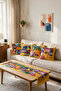 Yellow Framed Picasso Faces Double-Sided Printed Suede 5-Piece Living Room Set - 4 Cushion Covers 43X43 cm + Runner 140X40 cm - 2