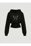 Women's Oversize Crystal Stone Printed Short Hooded Crop Sweatshirt