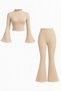 Beige Knitwear Flared Spanish Style High Waist Top and Bottom Set