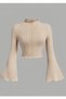 Beige Knitwear Flared Spanish Style High Waist Top and Bottom Set - 3