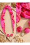 Women's Fuchsia Floral Patterned Scarf Necklace Fabric Shawl Necklace Gold Chain Beaded Oval Medallion Detailed Special Design - 3
