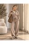Elvena Women's Beige 100% Cotton Stand Collar Double Zipper Knitwear Top Lace-Up Pocket Pants Set - 2