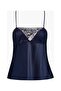 Midnight Whisper Thin Strap Top, Flowing Silk, Elegant Lace Detail