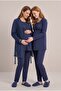 Women's Navy Blue Lace Maternity Pajama Set with Dressing Gown for Easy Breastfeeding - 3