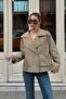Khaki Raglan Sleeve Double-Breasted Closure Elastic Waist Detail Women's Lined Short Trench Coat - 3
