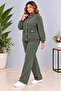 Women's Elastic Waist, Adjustable Drawstring, Wide Leg, Jacketed Tracksuit Set C7140-Khaki - 4