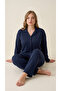 Navy Blue Cherry Patterned Suede Long Sleeve Plus Size Front Buttoned Pajama Set - 2