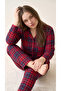 Red Plaid Patterned Suede Long Sleeve Plus Size Front Buttoned Pajama Set