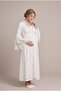 Women's Ecru Special Design Lace Flounce Sleeves Maternity Nightgown Set with Easy Breastfeeding Dressing Gown - 5