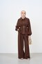 Women's Pleated Detail Hidden Zipper Shirt Collar Set Brown