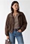 2225 Women's Stand Collar Zippered Crinkle Seasonal Jacket Brown - 3