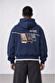 Men's Carpet Patch Detailed Oversize Hoodie Navy Blue