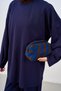 Women's Crew Neck Elastic Waist Pants Suit Navy Blue - 5