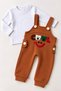 Baby Boy Teddy Bear Embroidered Brown Salopet Jumpsuit and White Long Sleeve Top 2-Piece Set