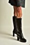Z996224509 Black Back-Diver Stretch Fabric Thick Heeled Women's Boots - 5