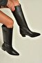 Z654182303 Black Genuine Leather Thick Heeled Cowboy Model Women's Boots