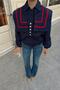 Navy Blue Navy Collar Striped Women's Crop Coat with Elastic Waist - 4